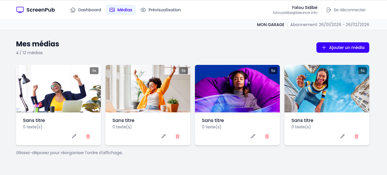 Interface de gestion des médias ScreenPub